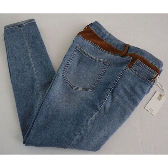 Good American Women's Sz 15 Indigo Good Legs Tan Suede Mixing Skinny Jeans $155 - Picture 4 of 9